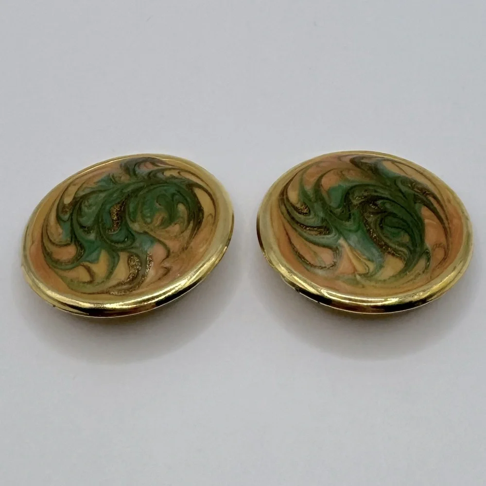 VINTAGE Large Round Marbled Enamel Earrings
